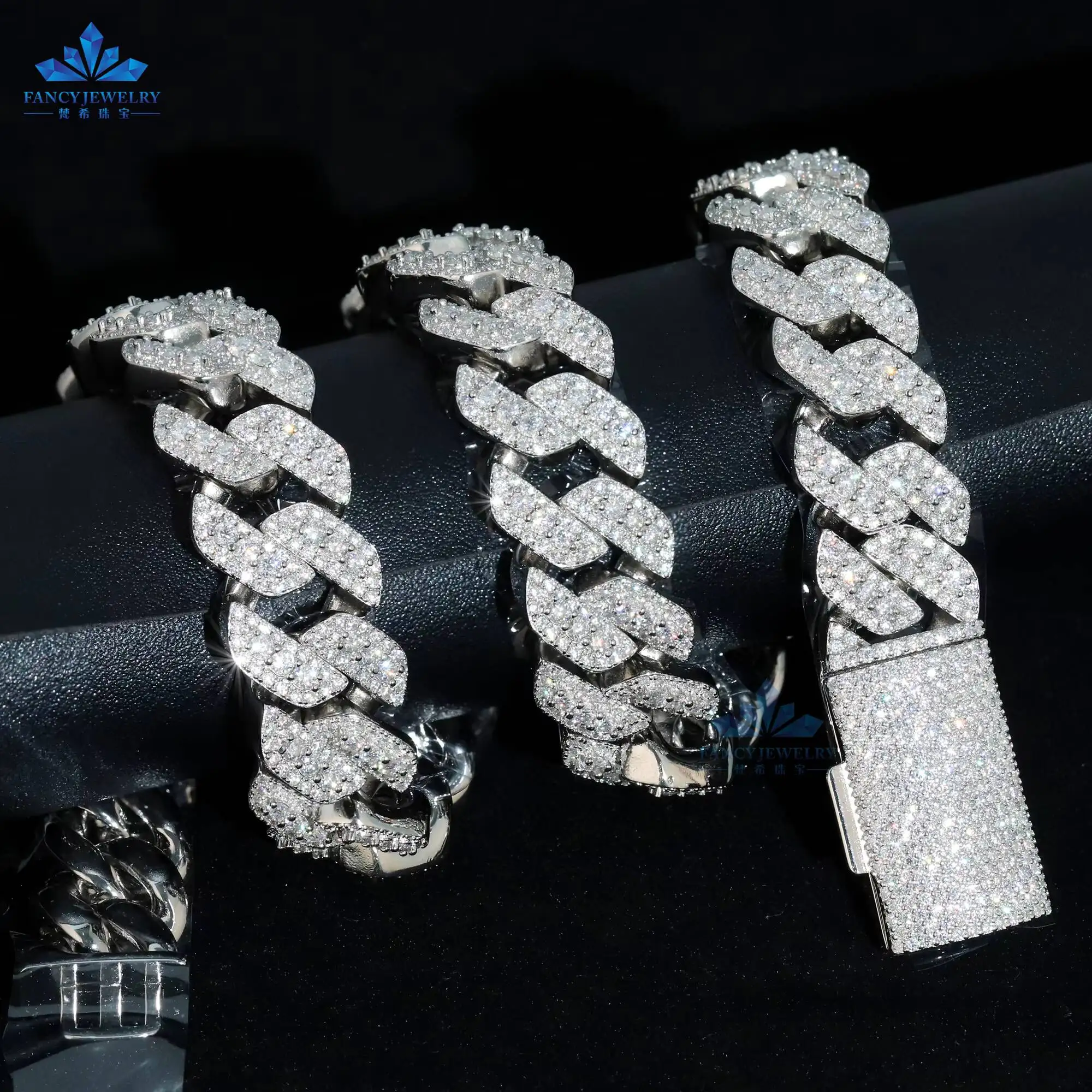 Fashion Fancy Jewelry Hip Hop Iced Out Moissanite Cuban Link 3 Rows 18mm 925 Sterling Silver Cuban Necklace Bracelet..