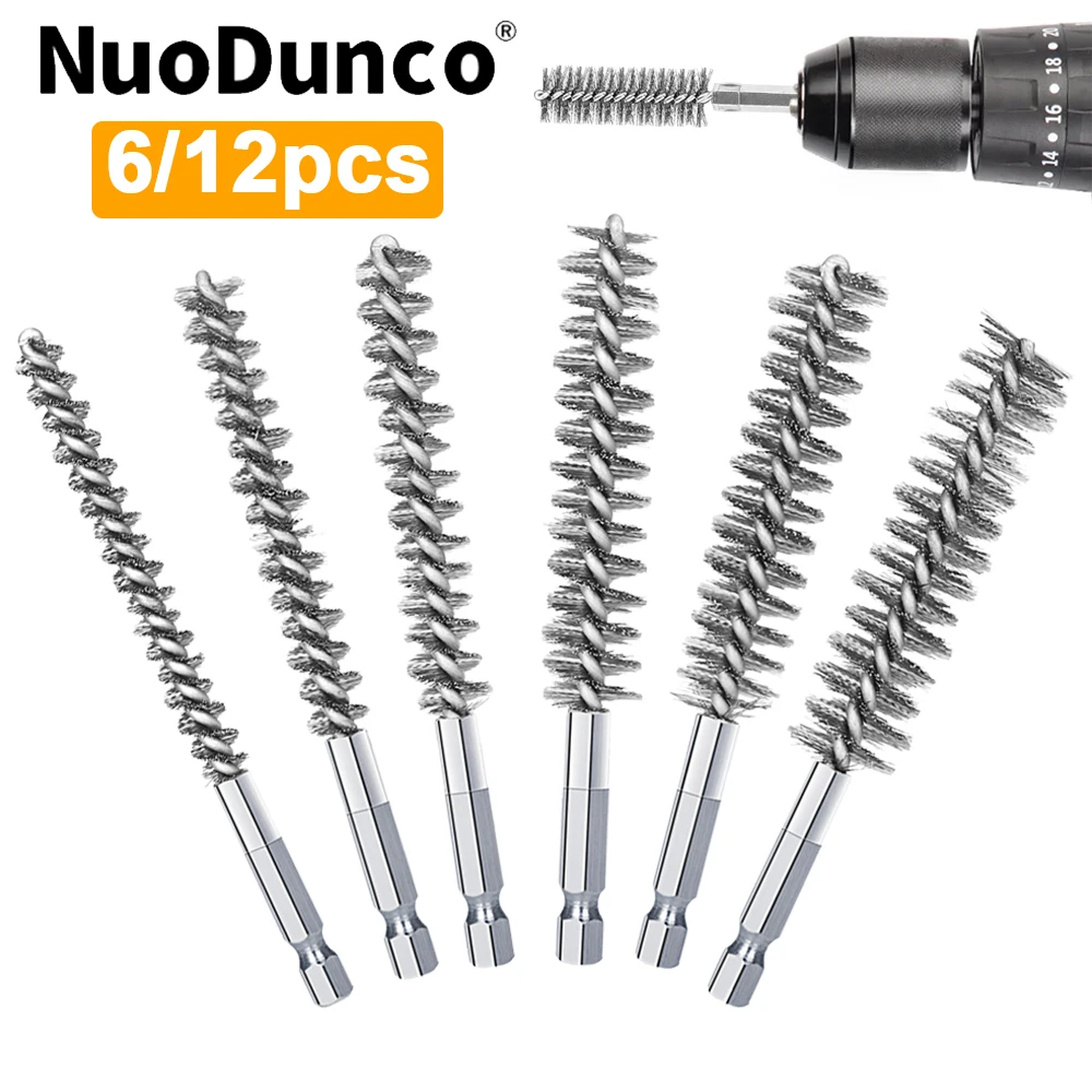 6/12pcs Stainless Steel Wire Brush 1/4-Inch Hex Shank Mount on Drill Die Grinder For Tubes Ports Bearings Cleaning Rust Removal