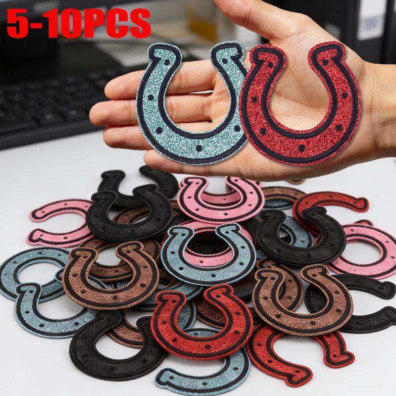 

New 5-10PCS Colorful Glitter Horseshoe Embroidered Patches Western Cowboy Patch Iron On Patches For Clothing Hats Jeans Sew DIY