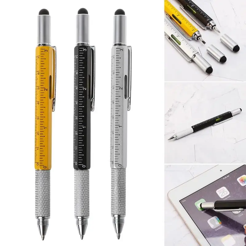T5EA 6 في 1 Metal Pen أداة متعددة الوظائف الأداة الحبر القلم القلم الحاكم مستوى الروح
