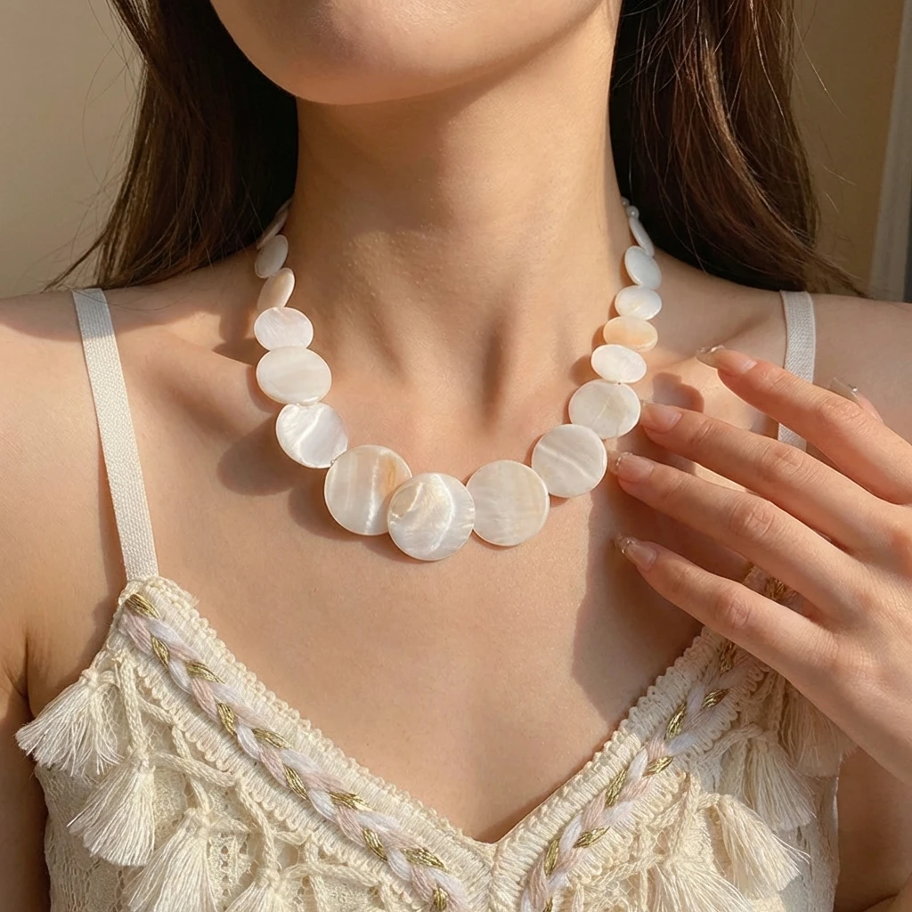 Vintage Runde Weiße Muschel-Choker-Halskette für Frauen, Böhmische Geometrische Spleiß-Ketten mit Anhängern, Vielseitiger Alltagsschmuck – Detail 1