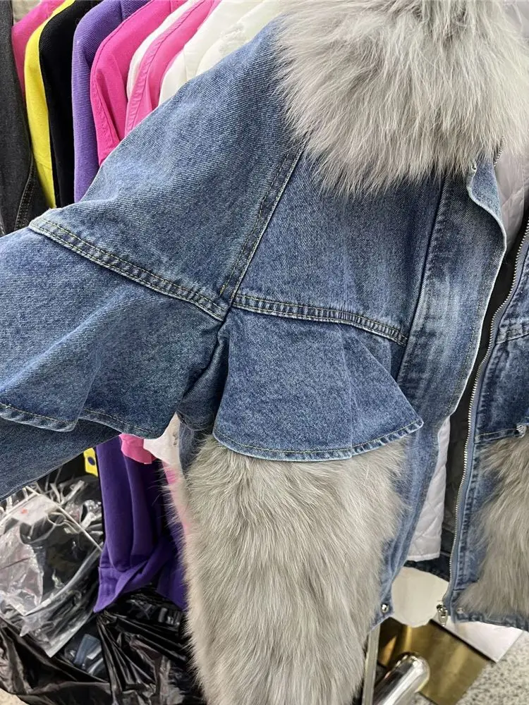 Fox Fur Denim Jacket for Women 2023 Winter New Mid length Fur Parka female real fur coat outerwear Y4330