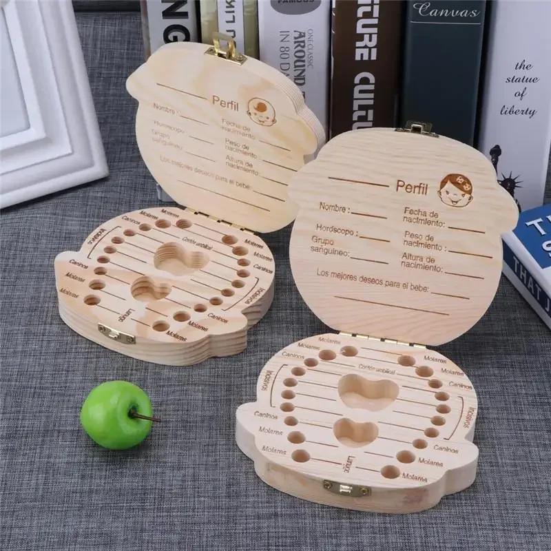 1/2pcs-กล่องฟันเด็กสเปนไม้เด็กนมฟันจัดเก็บเด็กผู้หญิงเด็กของที่ระลึกของขวัญ Keepsakes