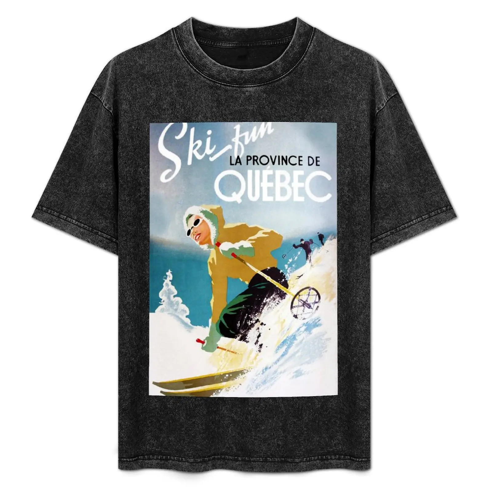 

Vintage ski poster, woman skiing in Quebec T-Shirt Basic Short Sleeve Cotton Blend T-Shirt