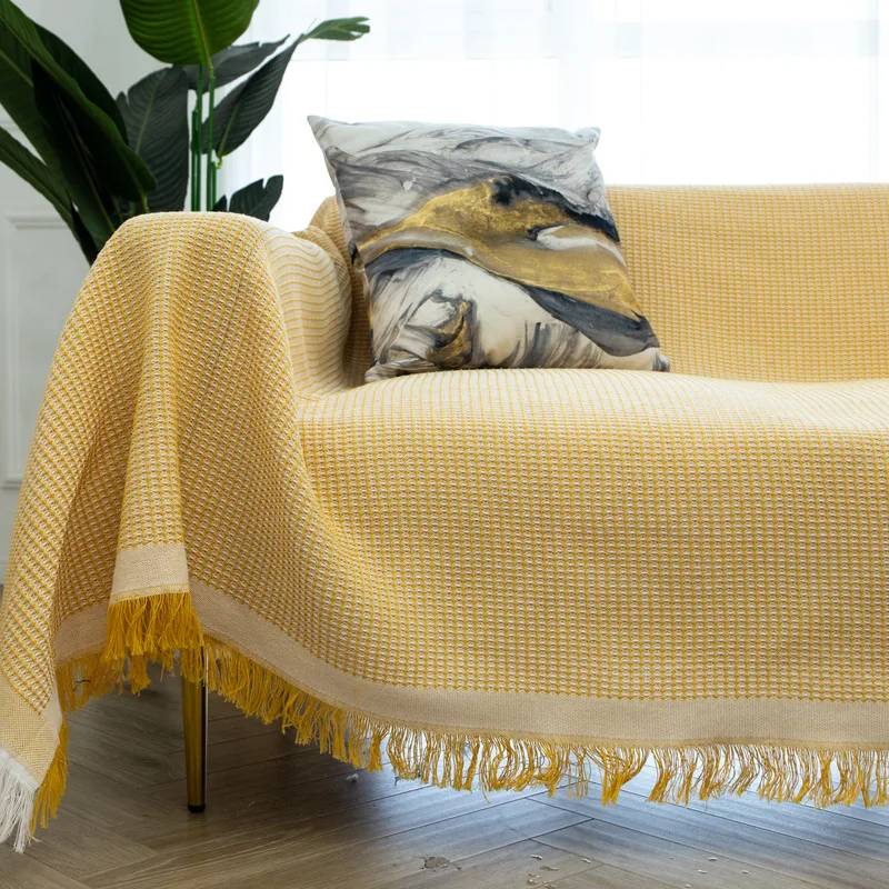 Solid Color Anti Slip Dirty Resistant Sofa Cover Simple Style Cover Blanket Waffle Grid Cushion Household Goods