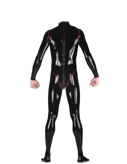 Halloween Latex Catsuit With Red Body Line  Rubber Coveralls Sexy Male Female Bodysuit Attached Feet Socks