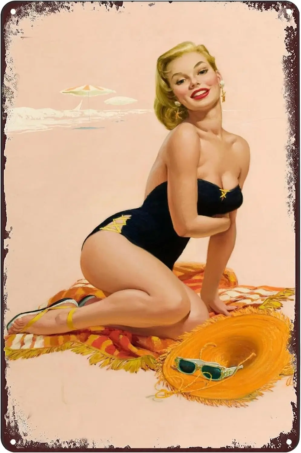Hot Bikini Woman Beach Metal Poster Pin-up Girl Sexy Blonde Lady Tin Sign Vintage Wall Art Decor Plaque for Home Bar Bathroom Ga