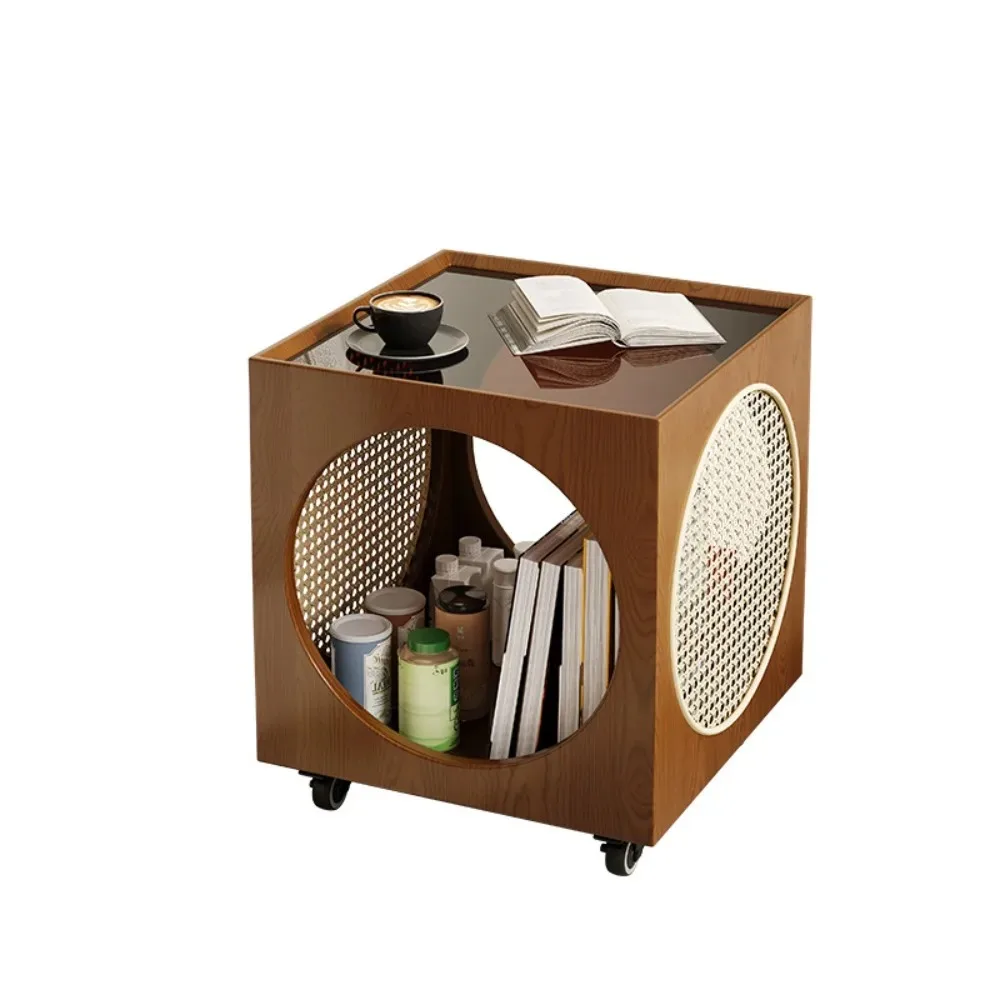 Medieval style coffee table living room movable coffee  side  sofa cart bedside  rattan small side storage