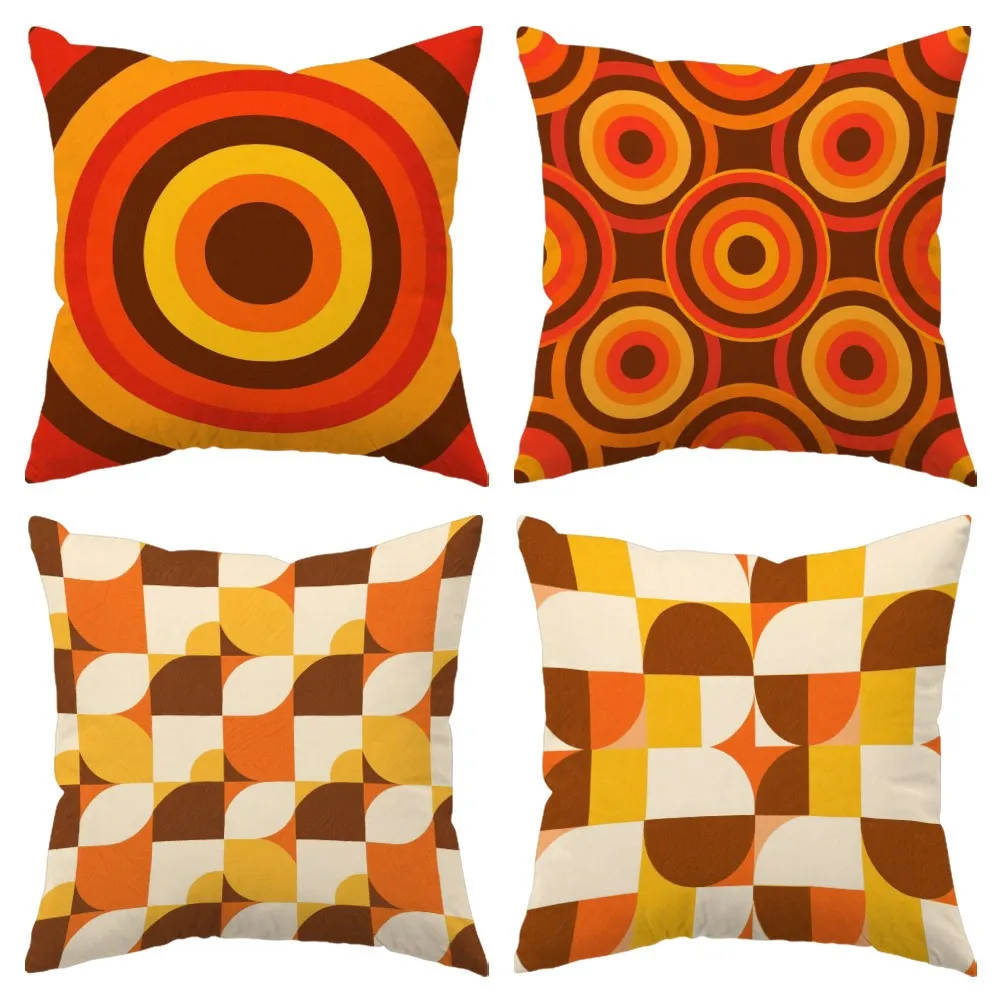 Retro 70s Geometric Throw Pillow Covers Mid Century Modern Circle Square Print Cushion Cases, Vintage Home Decor for Living Room