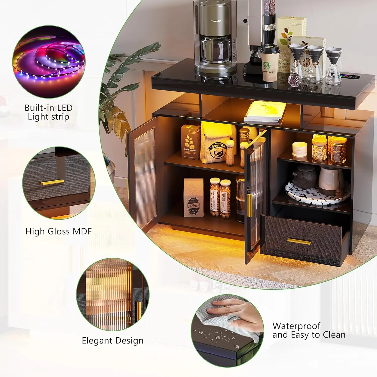 Buffet LED avec station de recharge, armoire de bar à café éclairée par RVB automatique, étagère réglable, noir