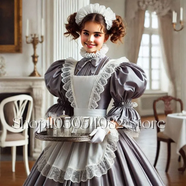 Maßgeschneiderte viktorianische Abendkleider aus dem 18. Jahrhundert, Stehkragen, glänzend, für Cosplay, Dienstmädchen-Stil, Blasenärmel, Spitzenbesatz, A-Linie, Ballkleid