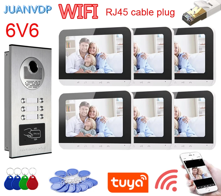 RJ45 Cable Plug 2/3/4/6 Unit Home Video Intercom for Apartments 7” Wifi Monitors Residential Intercom Doorbell Video Door Phone