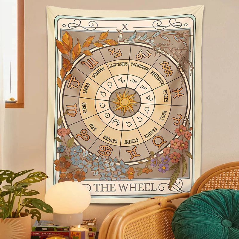 The Wheel Tarot Tapestry Wall Hanging Zodiac Wheel of Fortune Witchy Stuff Cottagecore Boho Celestial Astrology Art Home Decor