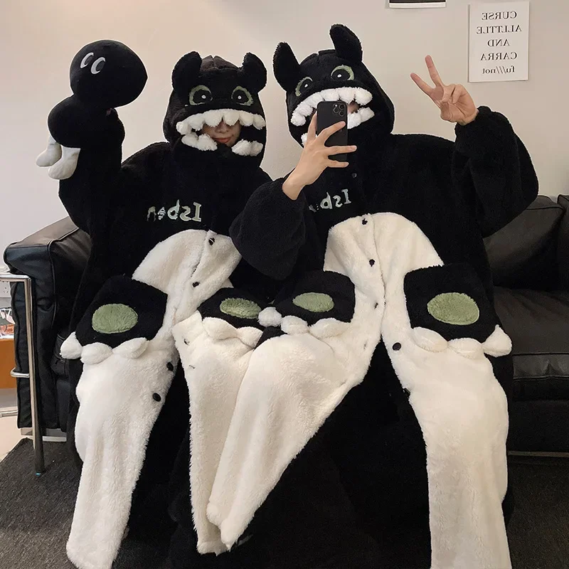 Зимние женские пижамы, длинный халат, одежда для сна, плотный мужской ночной халат с рисунком динозавра, милая пижама для девочек, коралловый бархат, домашняя одежда, халат