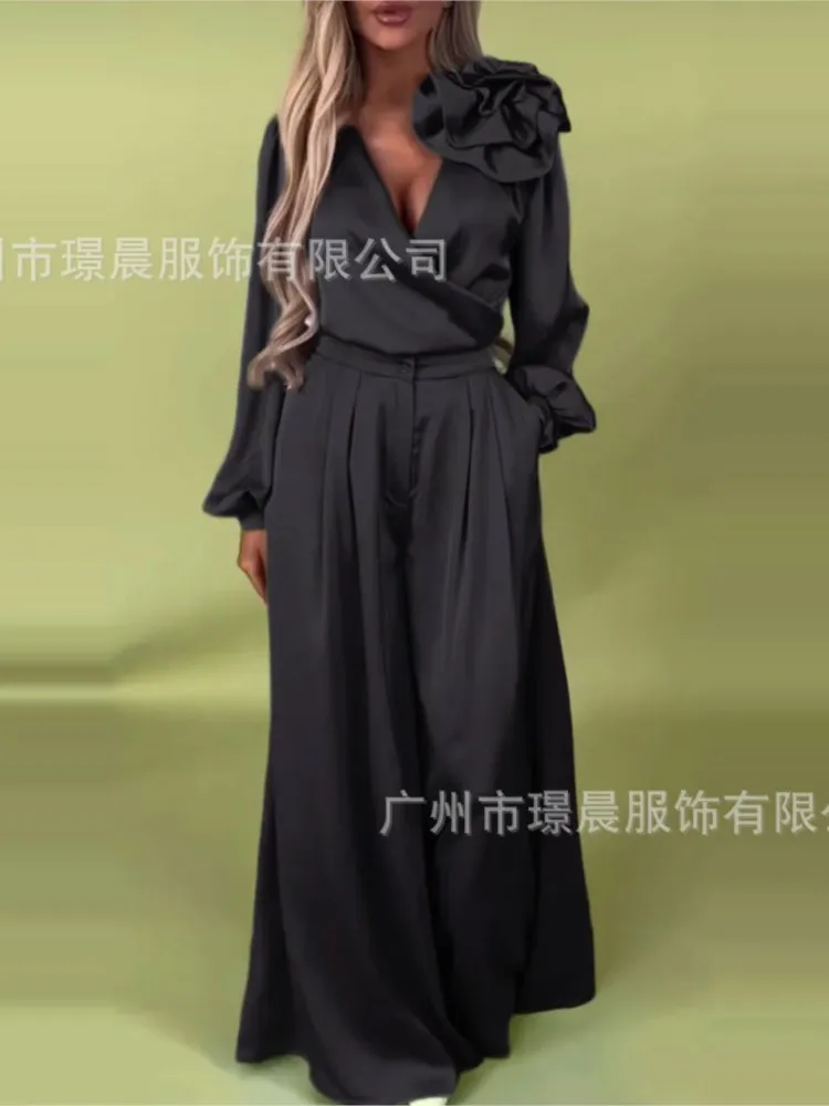 Camicia a maniche lunghe in raso tinta unita moda donna 2 pezzi primavera autunno nuovi pantaloni larghi larghi casual tasca set da ufficio femminile