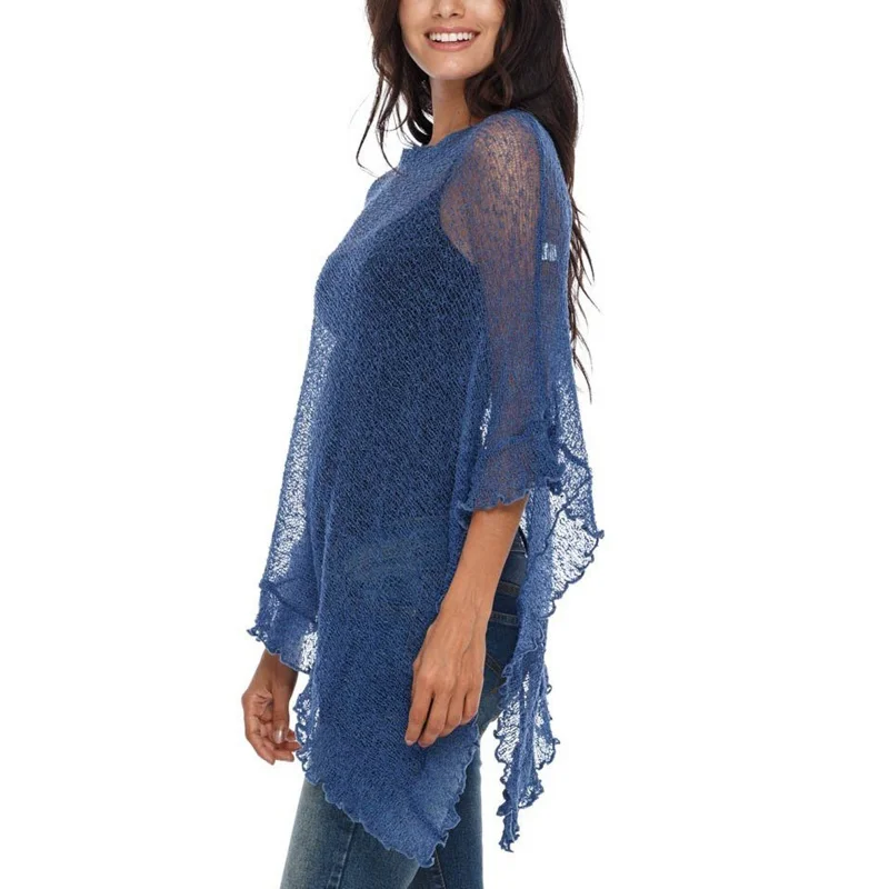 สตรี Sheer Poncho Shrug ถัก Bolero Pullover ไม่สมมาตรตาข่ายผ้าคลุมไหล่ Y2k Going Out Travel Cover Up