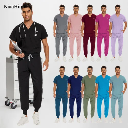 Niaahinn Hospital Doctor conjunto de enfermería Unisex venta al por mayor trajes casuales de manga corta con cuello en V Tops pantalones para correr uniformes de trabajo de farmacia