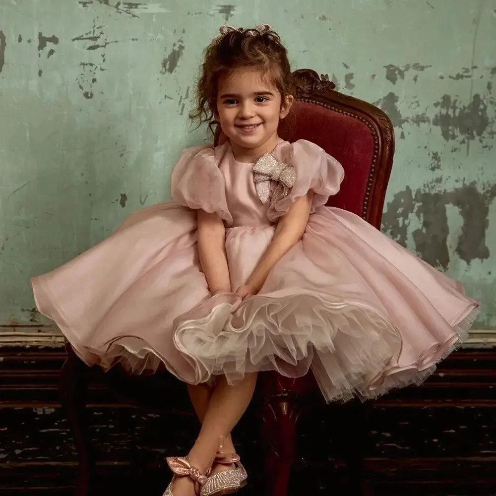 Elegant Flower Girl Dress For Wedding Tulle Puffy Knee Length Short Sleeve With Bow Child First Eucharistic Birthday Party Gown