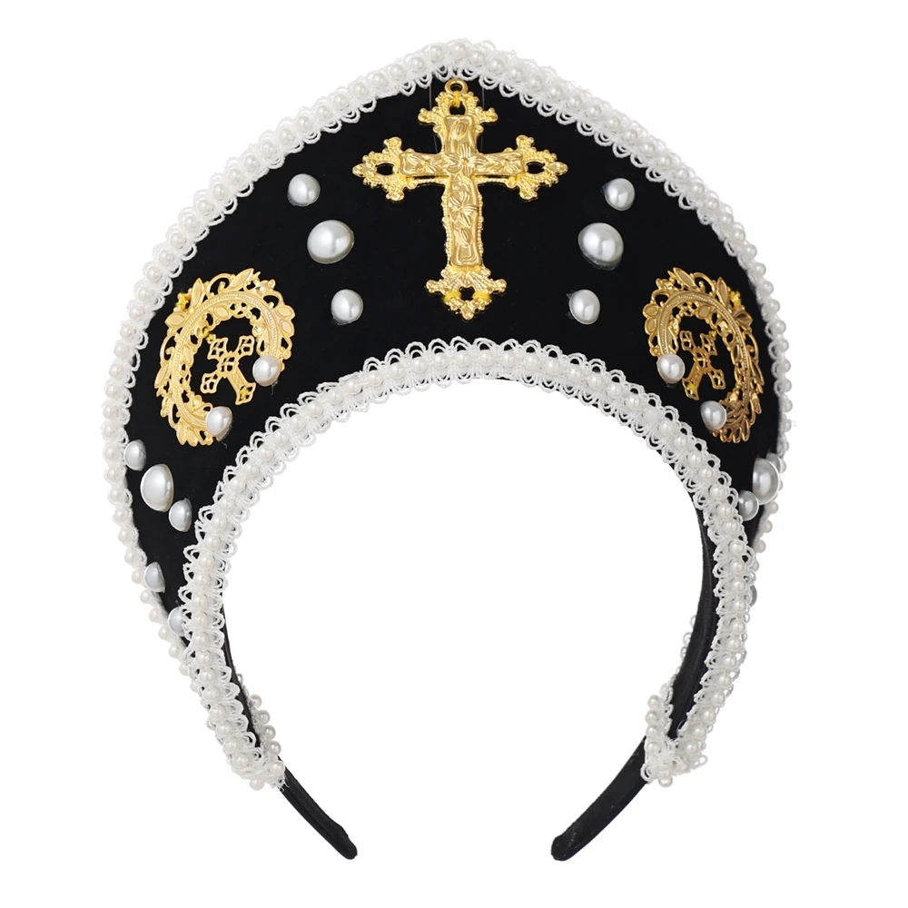 Tudor Hat Crown Headband Handmade Palace Style Lolita Headpiece Retro Gorgeous Cross Hair Ornament