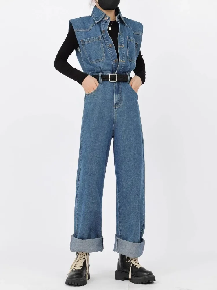 American Retro Denim Jumpsuit Women'S Spring And Autumn High-End Sense Flip Collar Workwear Wide Leg Pants