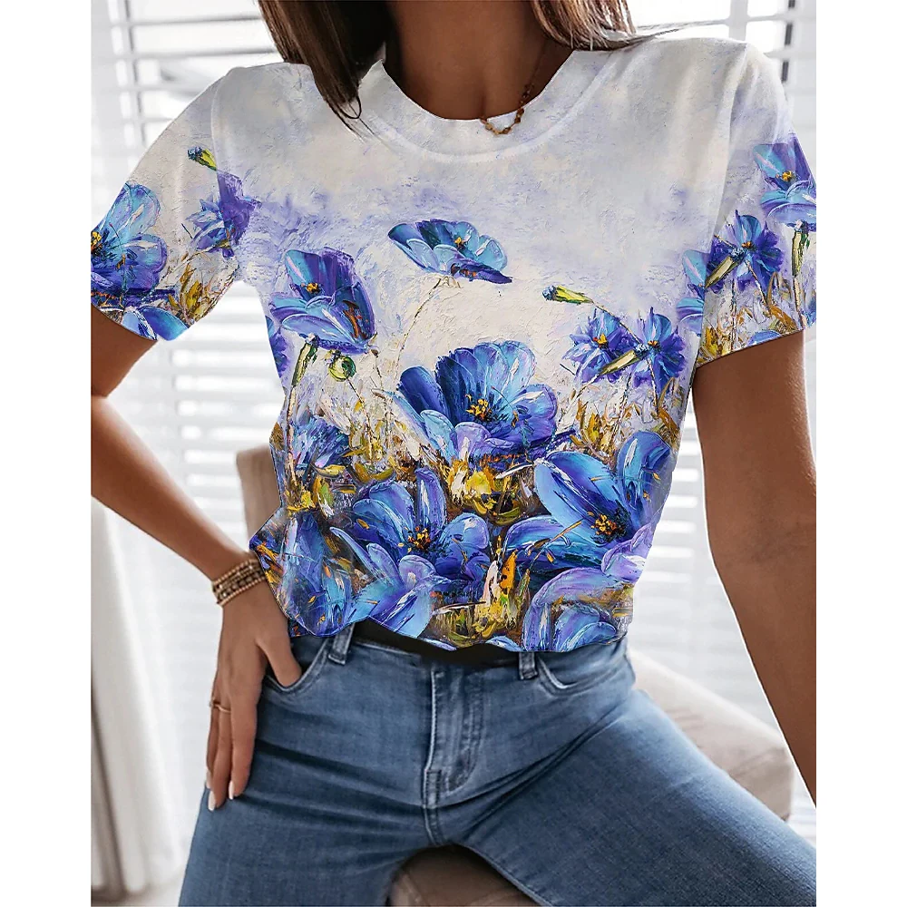 

Fashion Casual Women's T-Shirts 3D Flower Pattern Short Sleeve Tee Summer Loose O-neck Top Comfortable Versatile Female Clothing