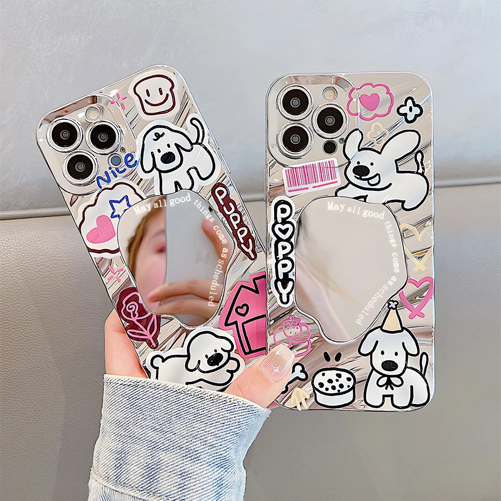 

Stylish Plating Wave Pattern Mirror Cover Case For iPhone 16 15 14 13 12 11 Pro Max Cartoon Puppy Dog Hard Bumper Shell 16Promax