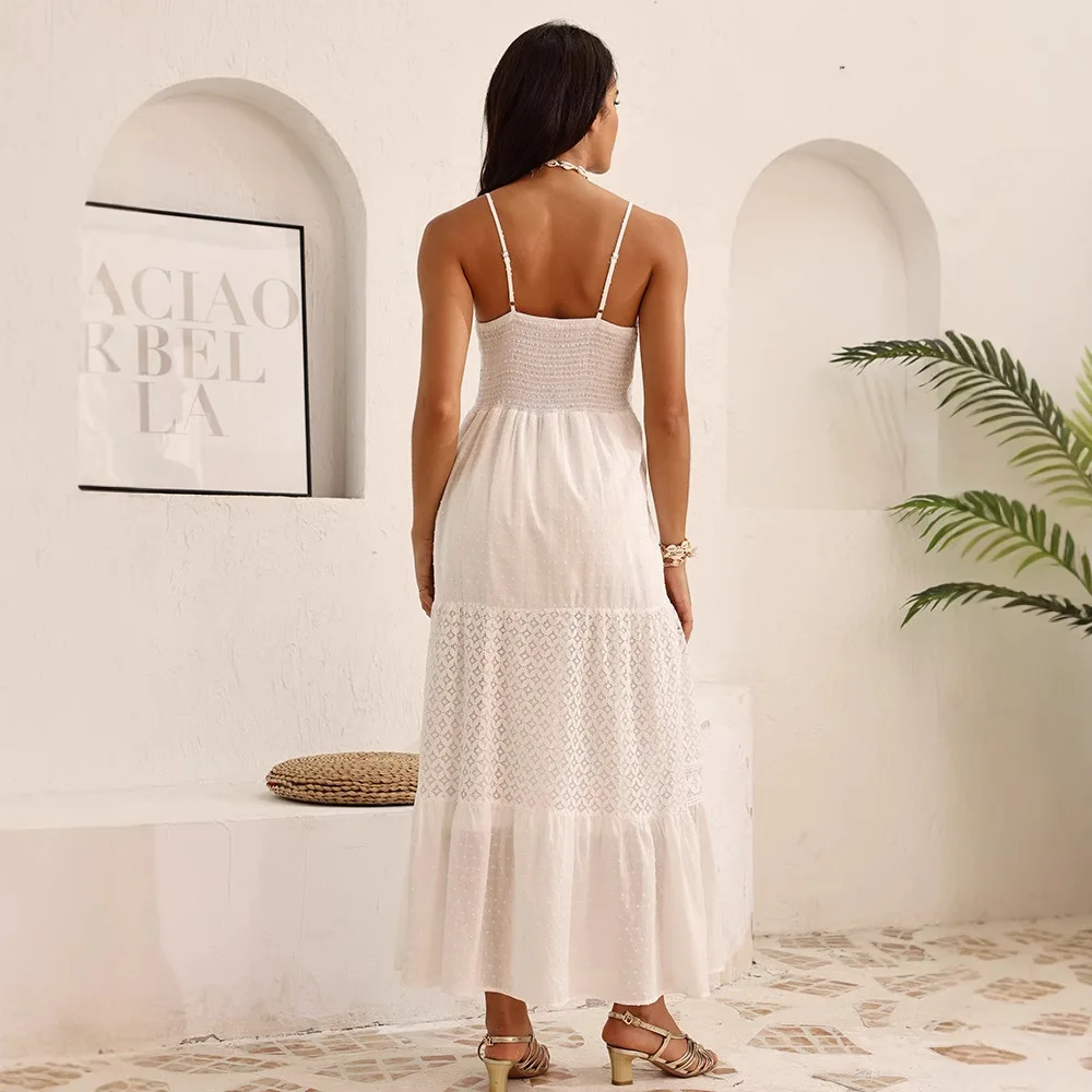 Boho vintage estilo francês vestido de tiras branco verão vocação mulheres rendas crochê oco para fora sexy senhoras em camadas vestidos novo