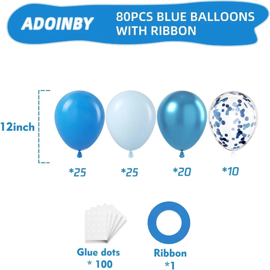 메탈릭 블루 풍선 80개 12인치 크롬 라이트 마카롱 무광 라텍스 및 컨페티 풍선 생일 웨딩 베이비 샤워 파티용