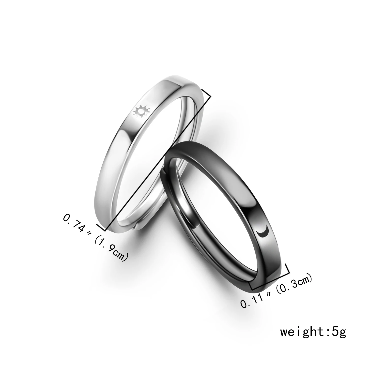 Klassischer offener Paarring mit Sonne und Mond für Damen und Herren, romantisch, schwarz, weiß, passender Fingerring-Set, Schmuck, Hochzeitstag, Geschenke – Detail 16