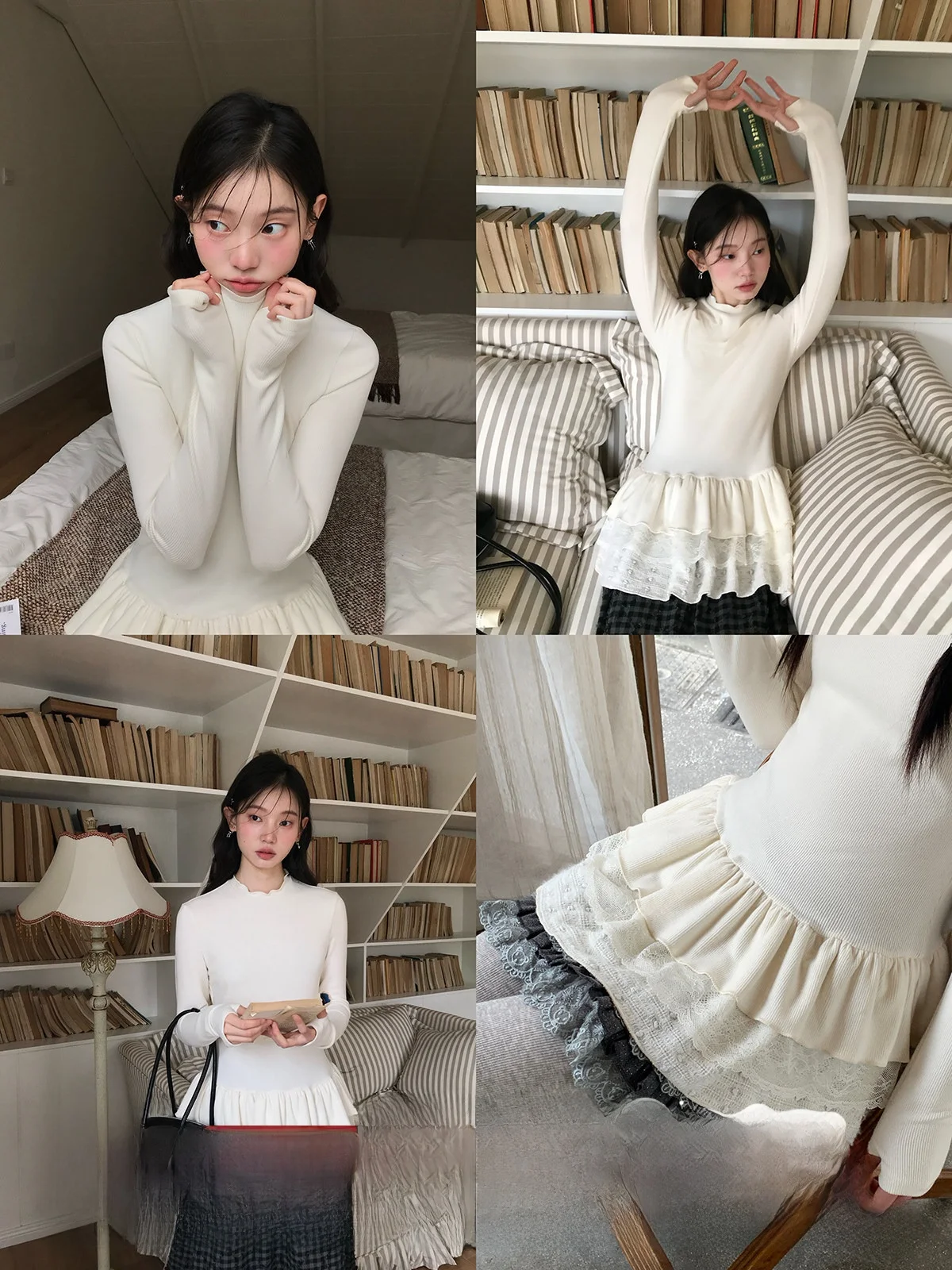 

Lace under irt Girl's Slim Fit Top Cake Ruffle Inner Wear Casual Sle Polyester Blend Long Sve Mid-Length Color