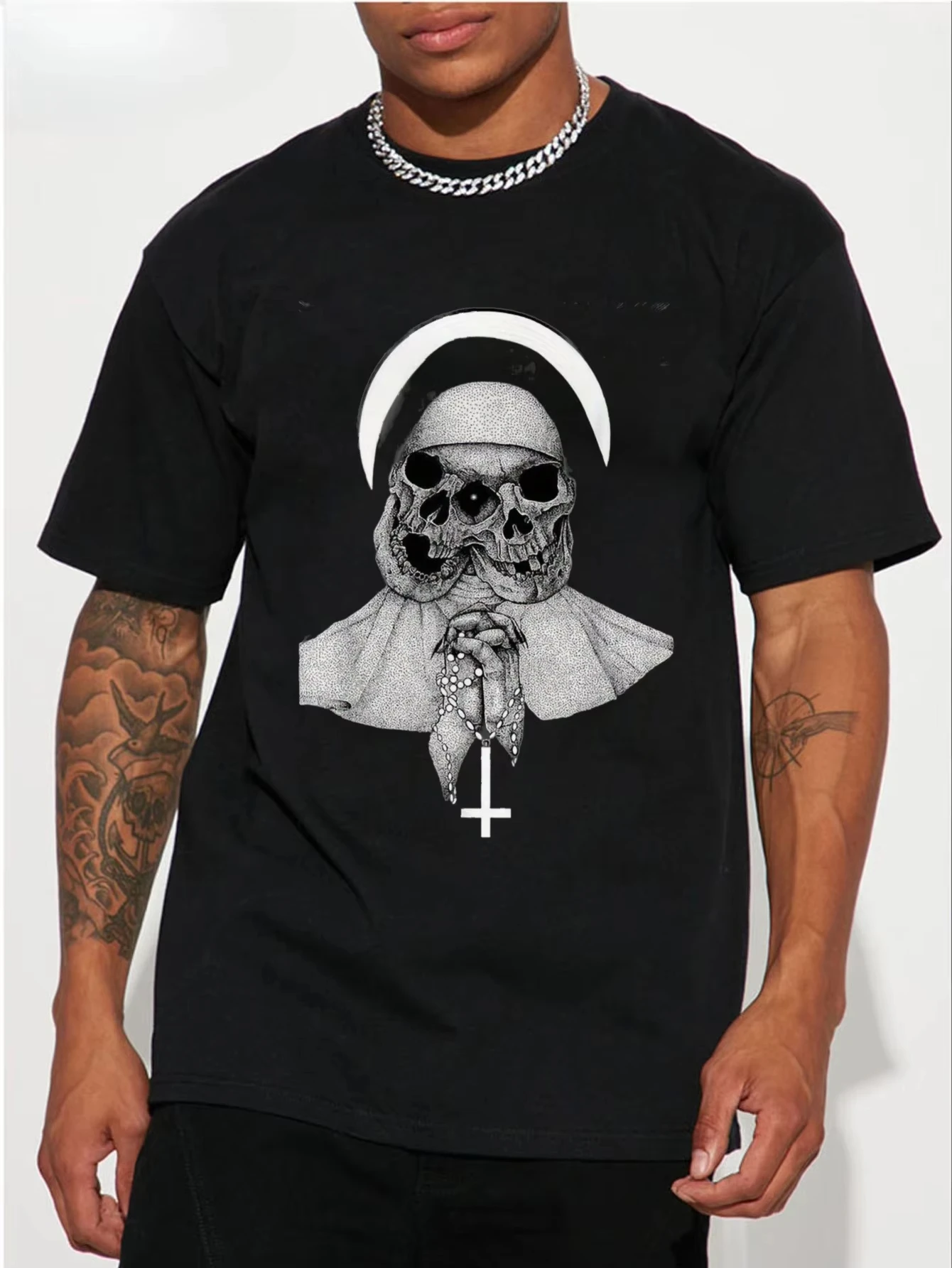 

Summer New Best-selling Men's Gothic-style Satan Nun Skull Pattern Knitted T-shirt, High-quality Street Fashion Cotton Shirt