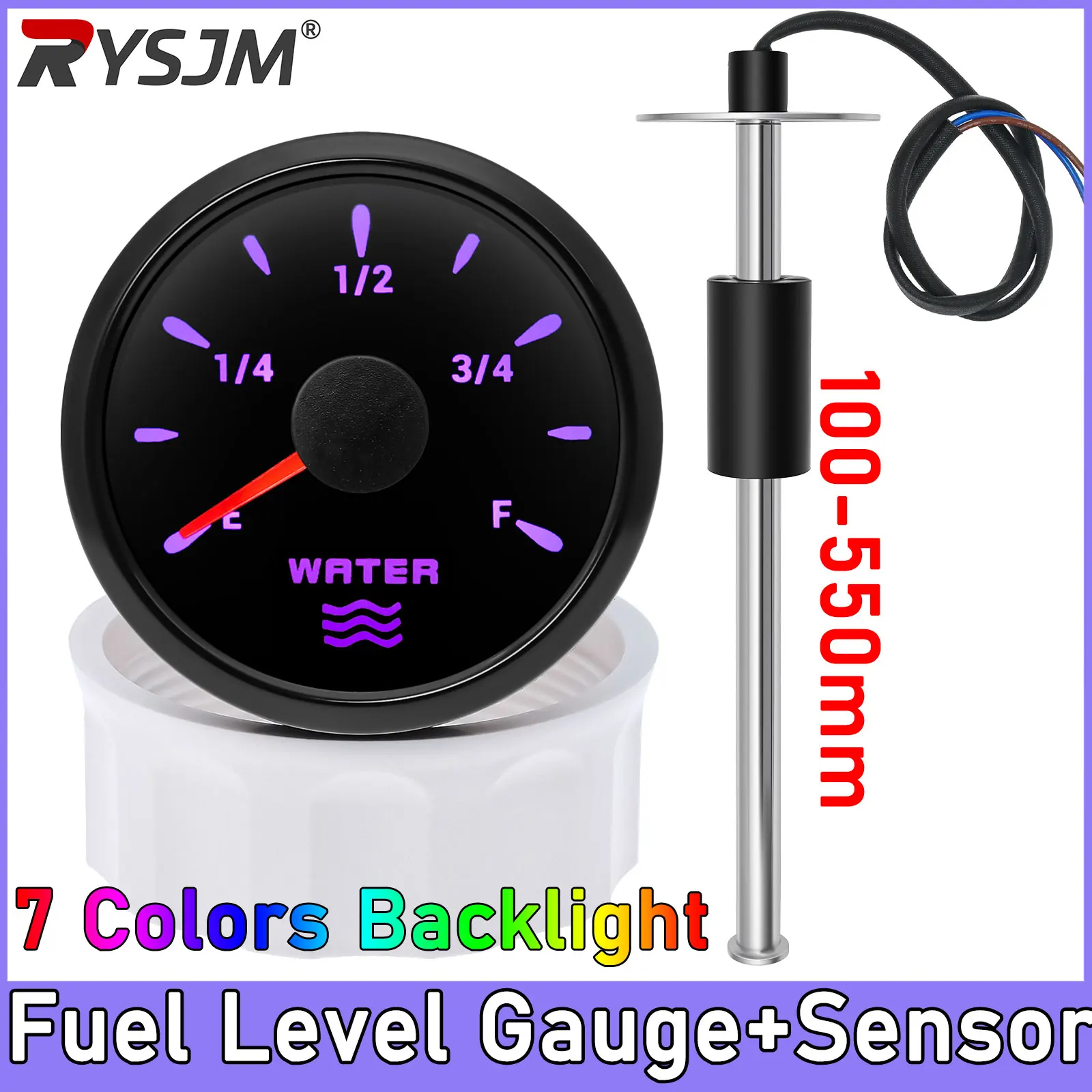 52mm 7-color Backlight Pointer Fuel Gauge Marine Boat Water Level Gauge + 100MM-500mm Fuel Level Sensor Digital Car Gauge