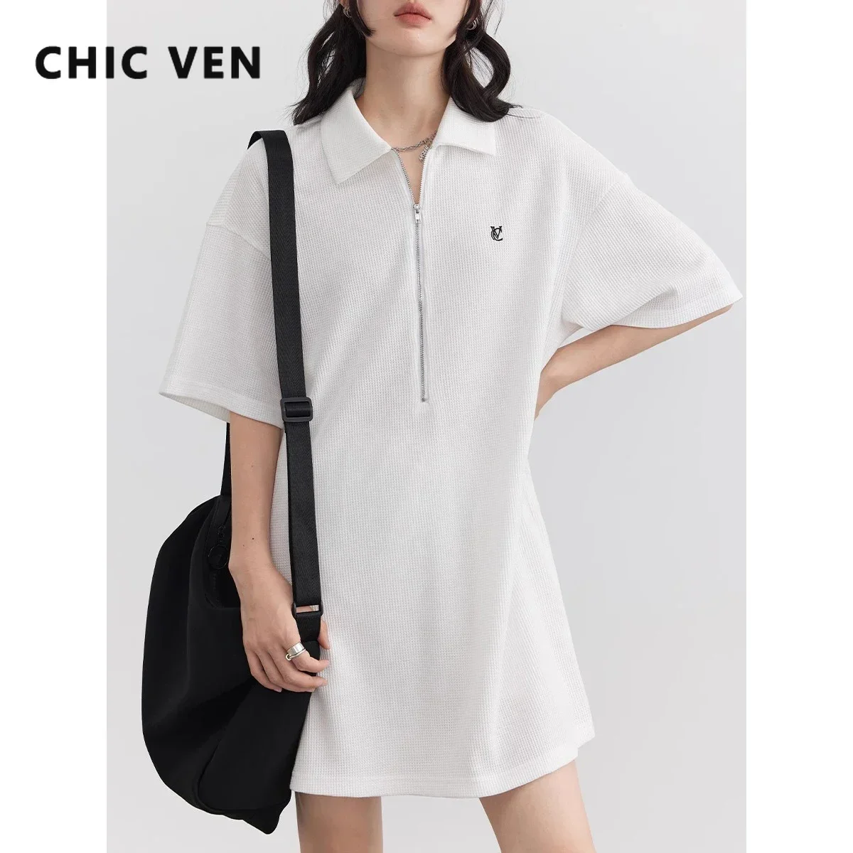 CHIC VEN Women Korean Dresses Polo Collar Loose Short Sleeved Dress for Woman T-shirt Skirt Summer 2023 New Ladies Fashion Cloth