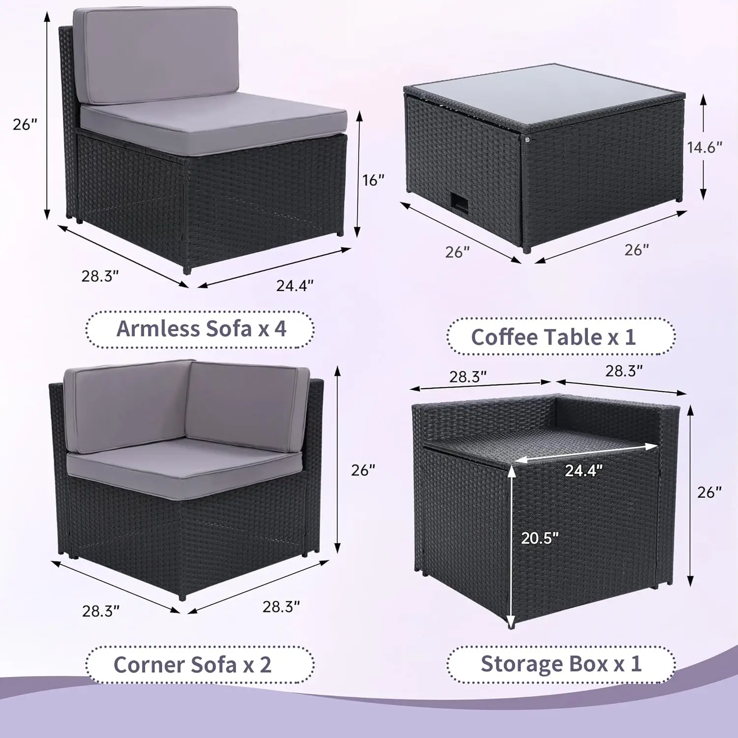 Glass Top Table with Hidden Storage, Includes 7 Seating Components, Black Rattan with Light Grey Overstuffed Cushions
