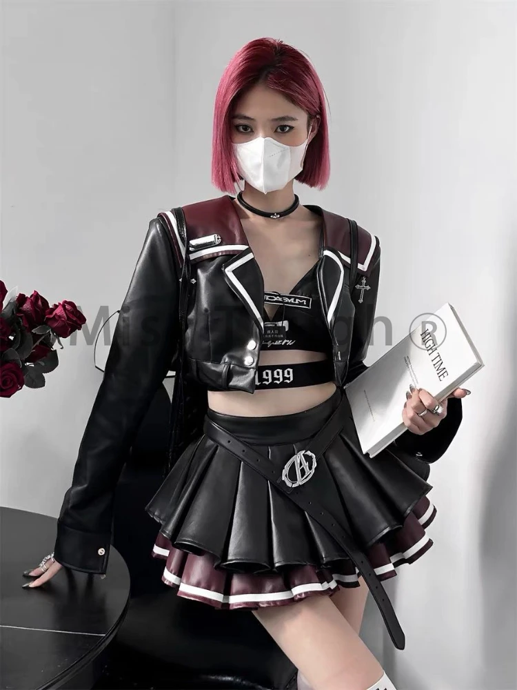 Leather Sexy Gothic 2 Piece Set Women Black Red Elegant Y2k Mini Skirt Suits Female Long Sleeve Casual Korean Style Sets 2024