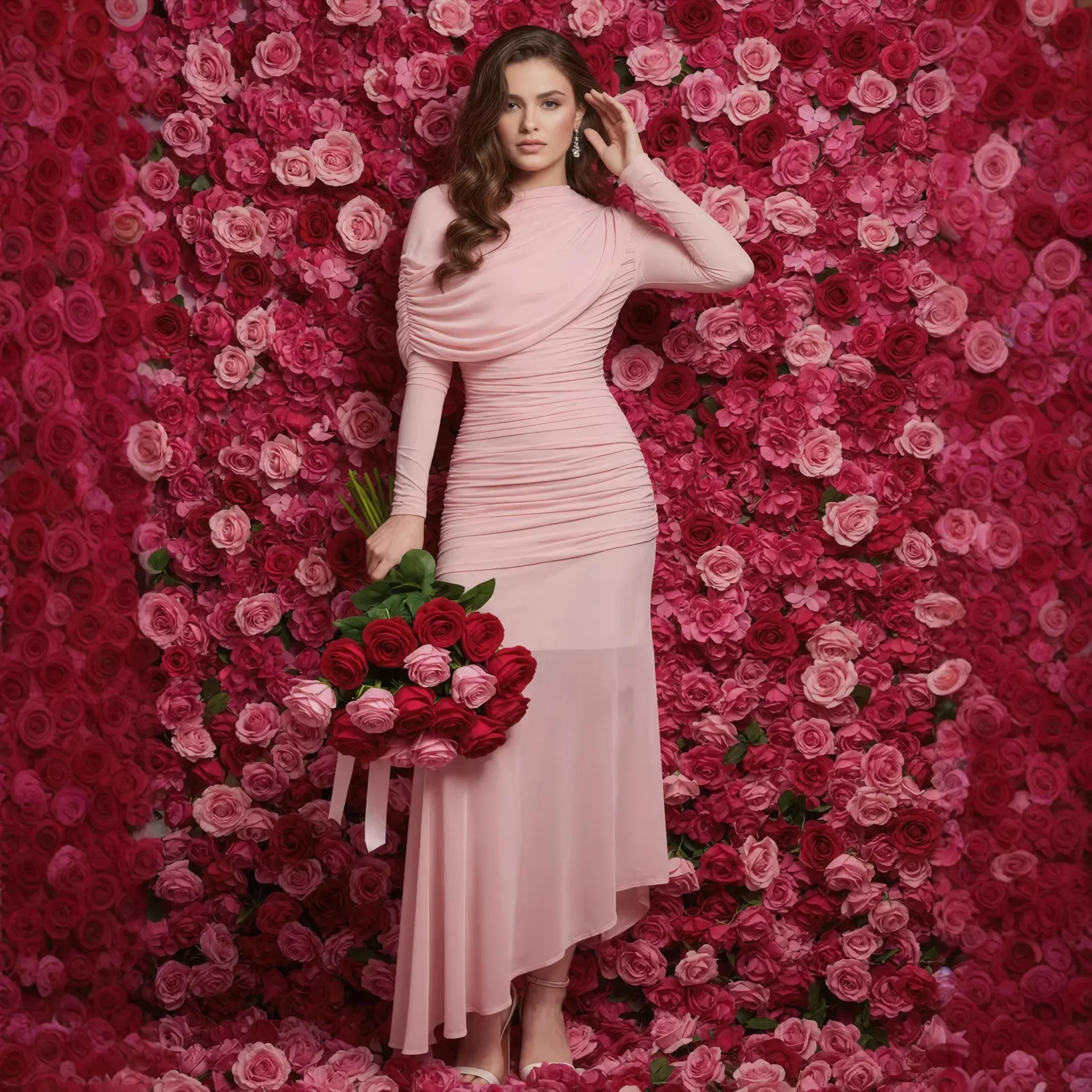 Elegant Gauze Long Sleeve Slimming Evening Dress O Neck Asymmetrical Solid Folds Waist Slanted Shoulder Pleated Long Dress Gown