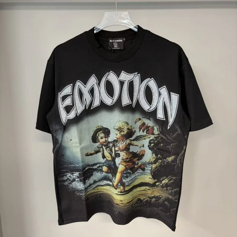 Mixed Emotion American-style high street retro trend diamond-studded letter-style loose-fitting casual couple T-shirt