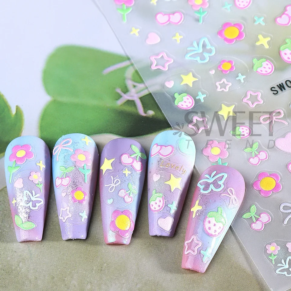 2 piezas de calcomanías de arte de uñas con elementos dulces, flores simples, corazones, cerezas, fresas, calcomanías kawaii, lazos coloridos, mariposas, sliders de manicura 4