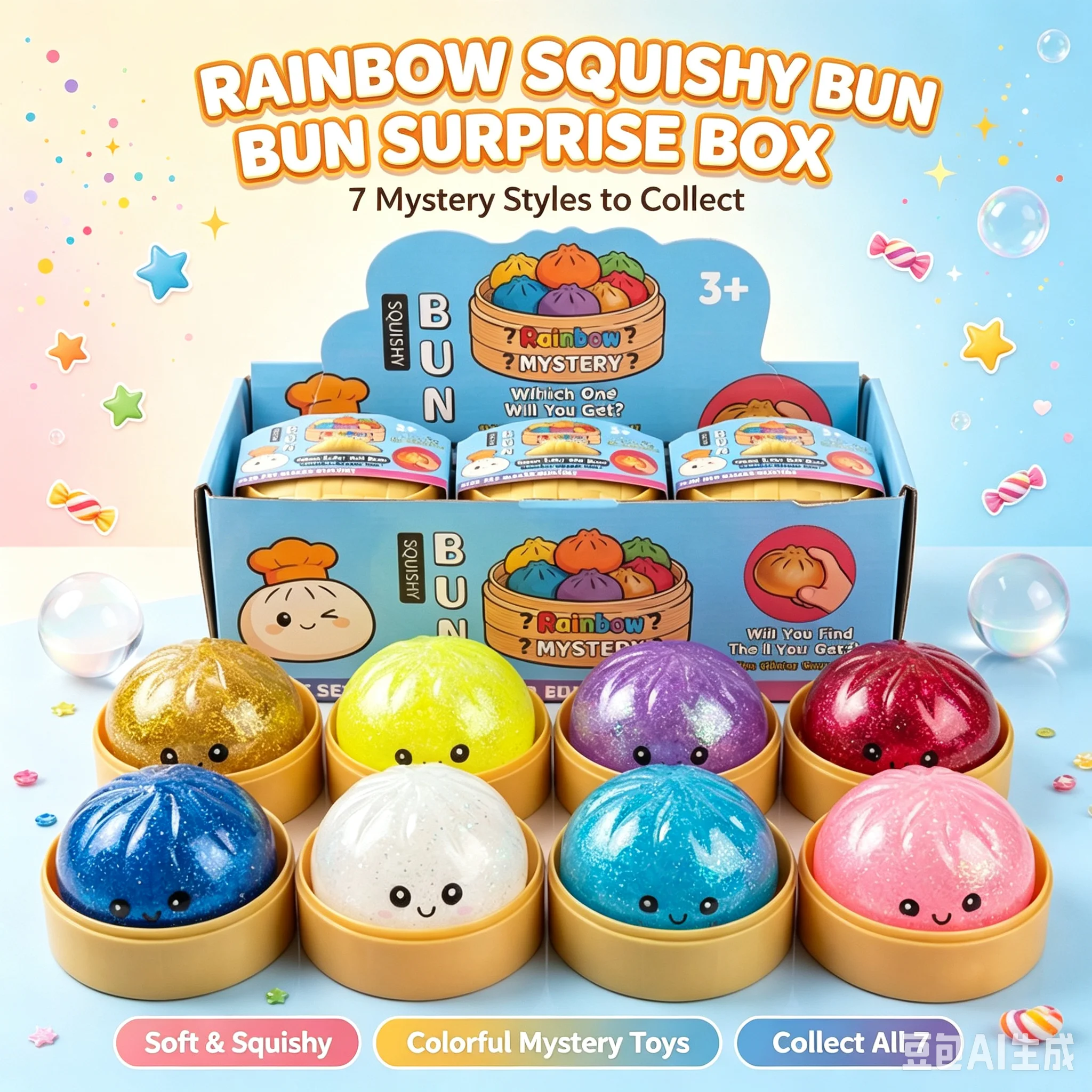 Surprise  Box Maltose Steamed Bun Squishy Fidget Toy, Slow Rising Soft TPR Sensory Stress Relief Squeeze Toy for Kids Adults, Party Favors, Goodie Bag Fillers, Office Desk & Birthday Gifts