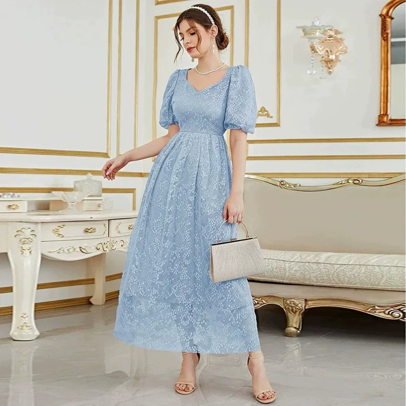 European and American Women's Fashion and Leisure 2023 Summer New V-neck Bubble Sleeve A-line Large Swing Dress Catwalk Dresses