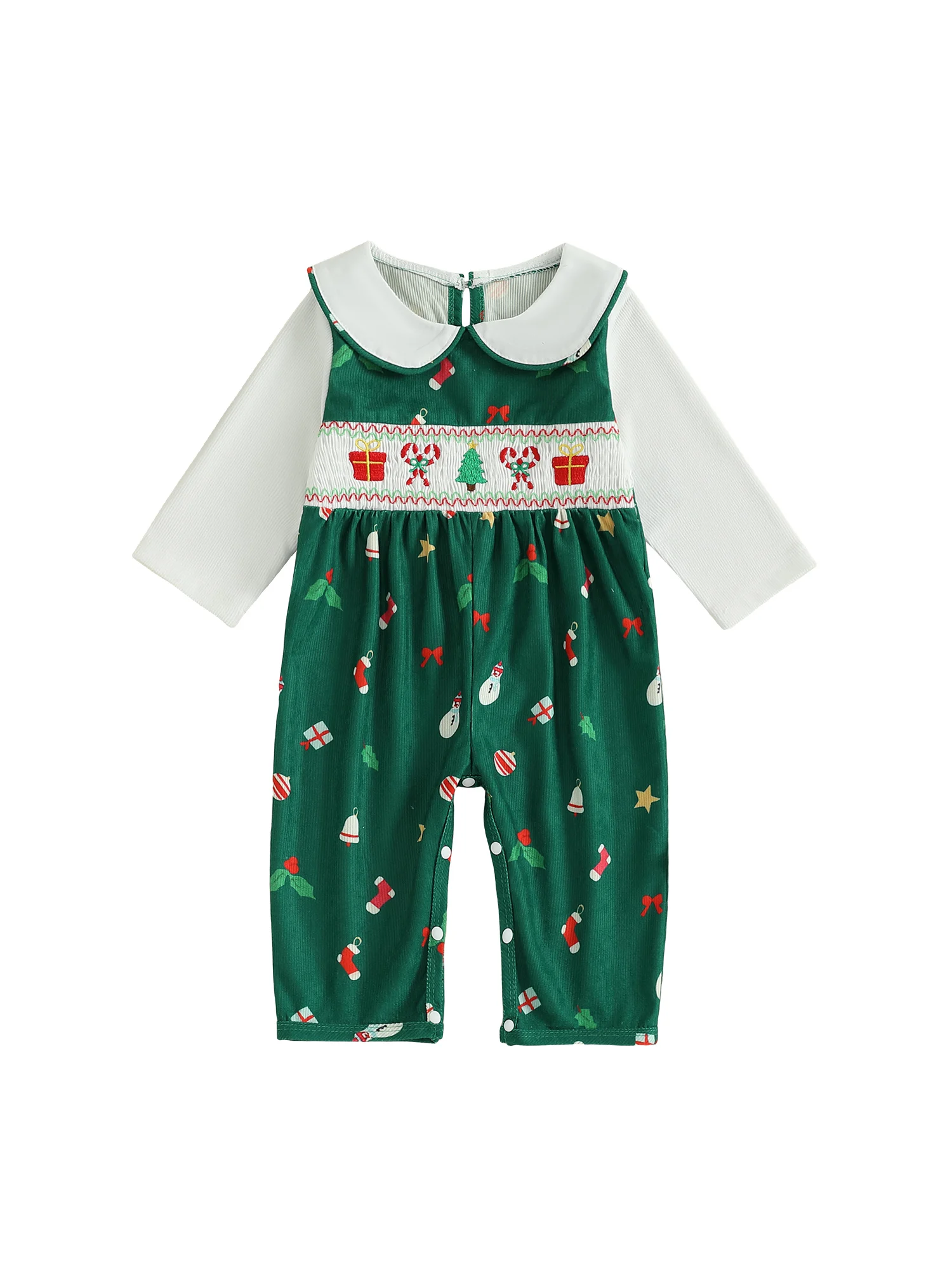 

Рождественский комбинезон с длинными рукавами и принтом снеговика, бантом и кукольным воротником для ребенка, полный комбинезон для праздника сезона