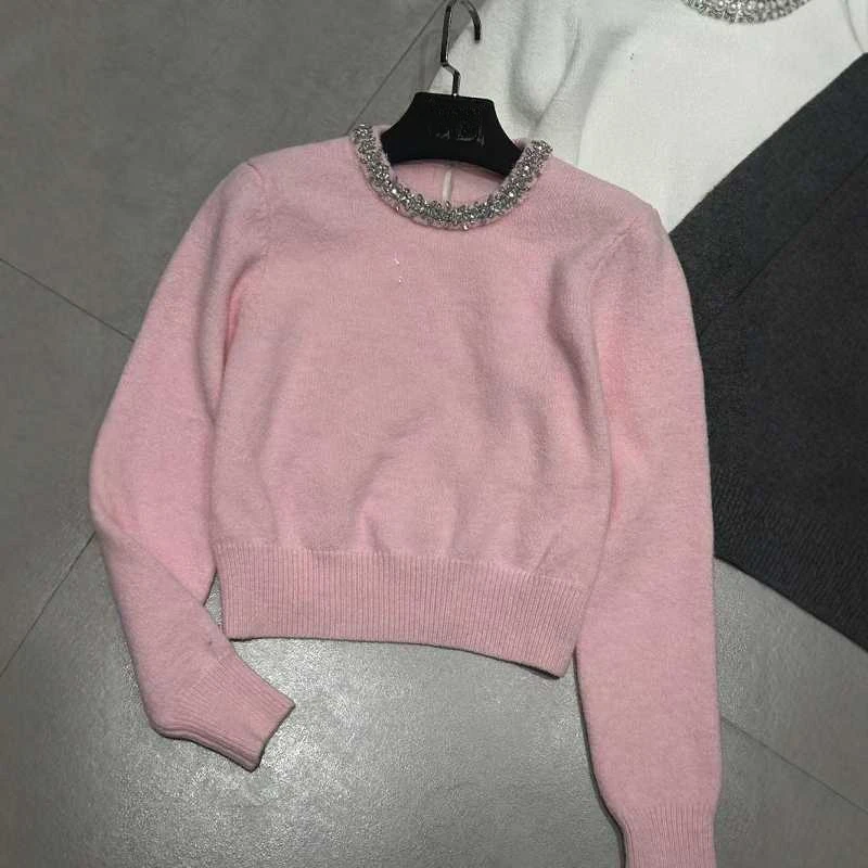 Designer Crystal Knit Short Sweater Women's Top Diamonds Beading Knitwear 2024 Autumn Winter Women PUllover