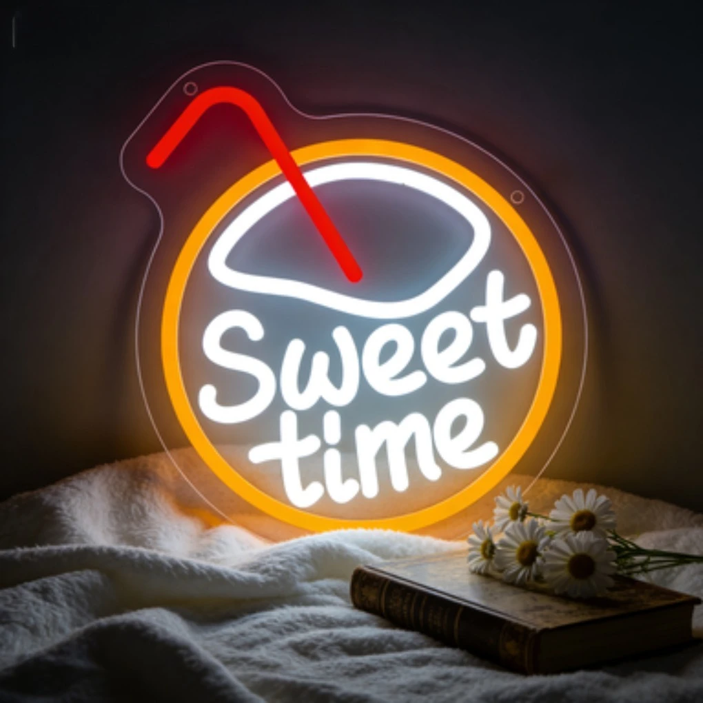 スイートタイムドリンクカップネオンライトサインled-usb調光可能ウォームイエローグロー-カフェ、寝室、読書コーナー、居心地の良いホームバーの装飾に