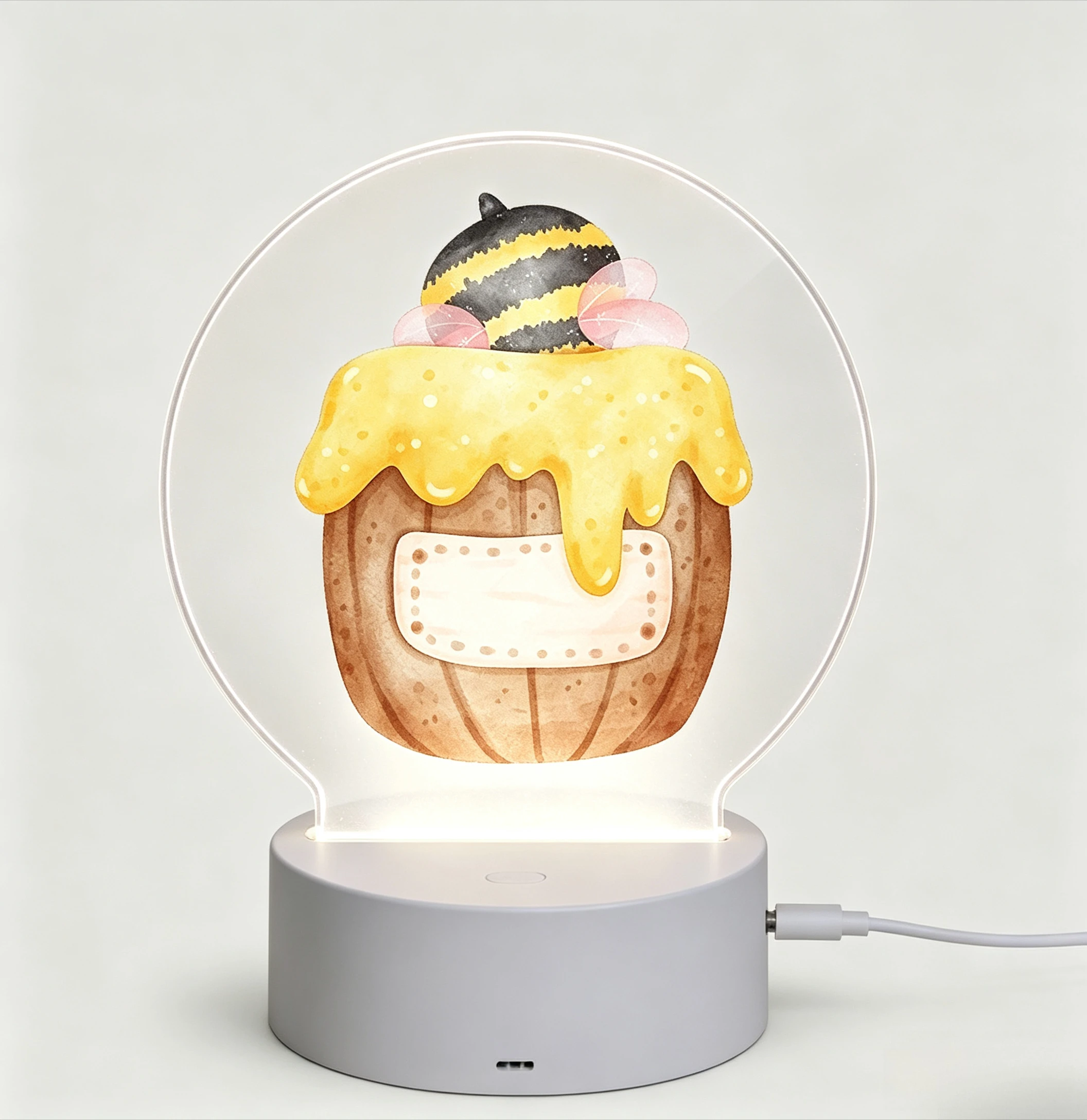 Custom Name LED Acrylic Night Light, Watercolor Honey Barrel Bee Pattern USB Lamp Kids Bedroom Birthday Gift