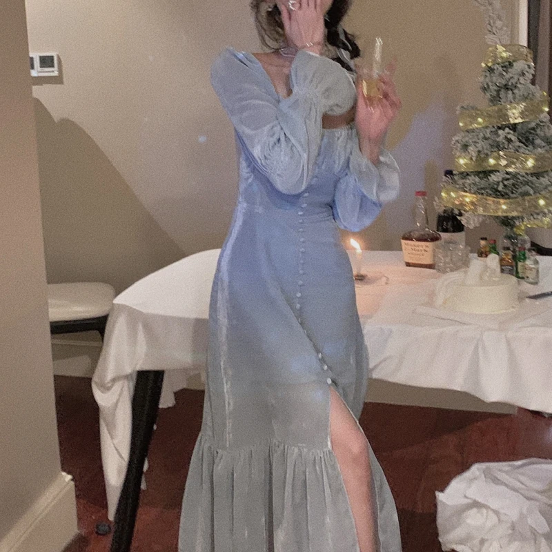 Elegant Velvet Long Dress Women Sexy Split Design Evening Party Dress Spring Korean Vintage Gothic Y2K Bodycon One Piece Dress