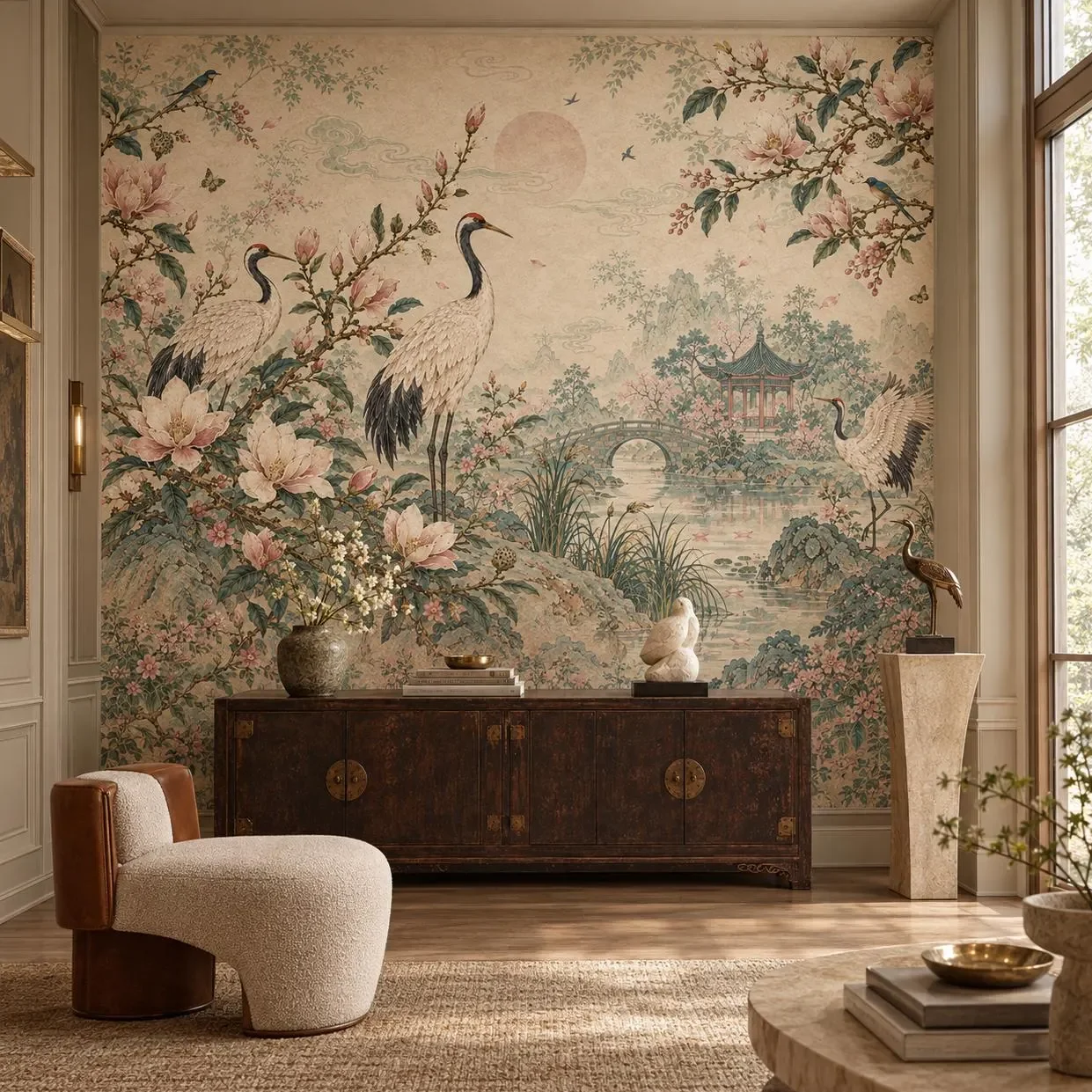 Vintage Chinoiserie Crane Floral Landscape 3d Wallpaper Mural Beige Oriental Garden Custom Wall Art for Living Room Bedroom