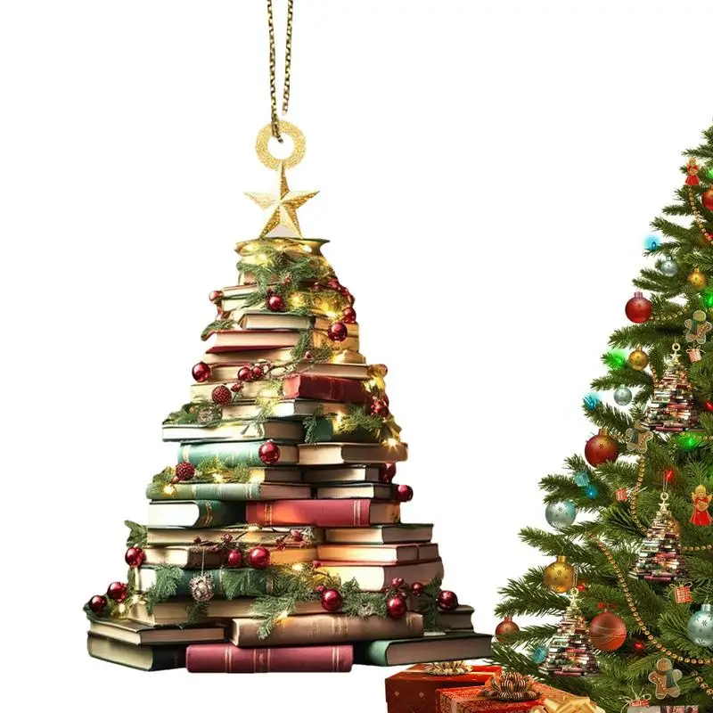 Book Christmas Tree Ornament 2D Acrylic Car Interior Pendant Book Lover Pendant Festival Decor For Christmas Holiday Home