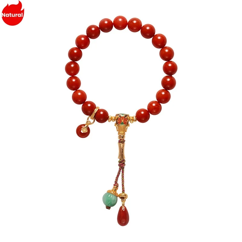 

Natural Nanhong Agate 9mm Beads Strand Bracelets Jadeite Tassel S925 Silver Plated Gold Enamel Hand String Jewelry Wholesale