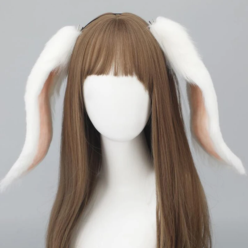 Cute Rabbit Tail Bunny Plush Lop Ears Headband Women Cosplay Hair Hoop Cartoon Furry Faux Fur Hairbands Lolita Hair Accessories