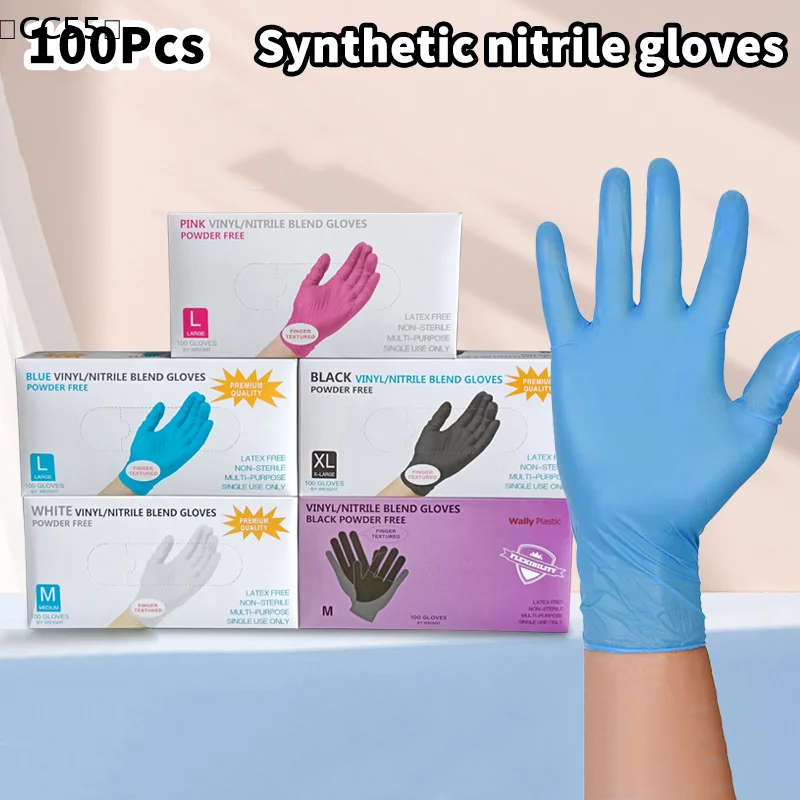 

100 шт. одноразовых нитриловых перчаток, утолщенные, черные, синие, розовые, белые, для уборки, парикмахерских работ, водонепроницаемые, для мытья посуды 〔CC55〕